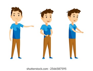 Cartoon character boy. Set with different postures, attitudes and poses, always in positive attitude, doing different activities. Cartoon vector illustration