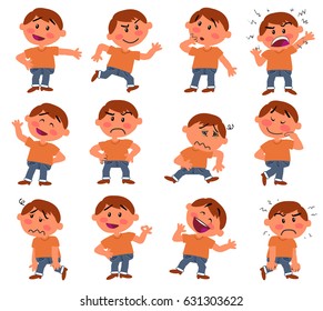 Cartoon character boy set with different postures, attitudes and poses, doing different activities in isolated vector illustrations.