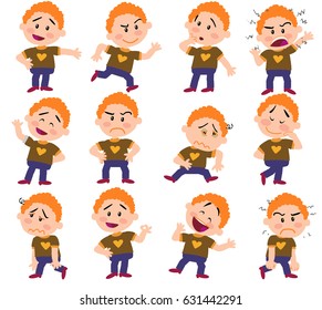 Cartoon character boy set with different postures, attitudes and poses, doing different activities in isolated vector illustrations.