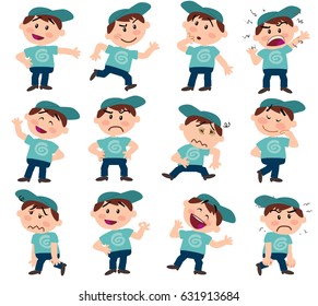 Cartoon character boy set with different postures, attitudes and poses, doing different activities in isolated vector illustrations.