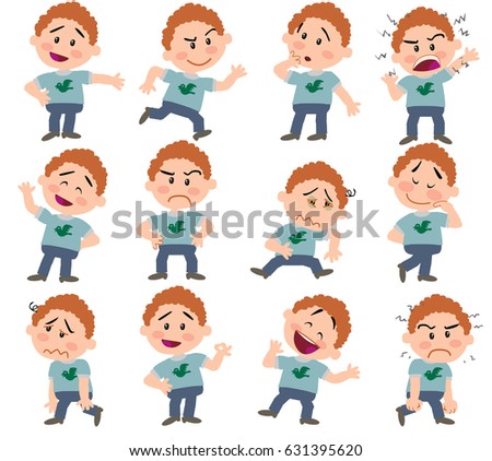 Cartoon character boy set with different postures, attitudes and poses, doing different activities in isolated vector illustrations.
