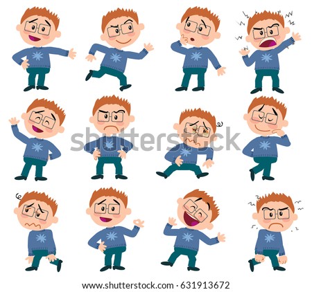 Cartoon character boy set with different postures, attitudes and poses, doing different activities in isolated vector illustrations.