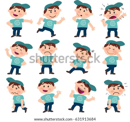 Cartoon character boy set with different postures, attitudes and poses, doing different activities in isolated vector illustrations.