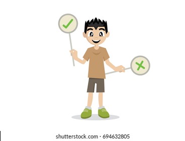 Cartoon character, Boy show right sign., vector eps10