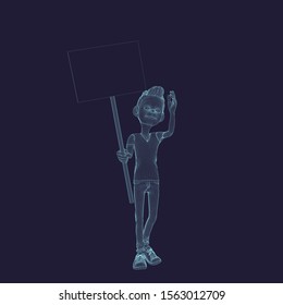 Cartoon character boy showing blank board. Vector wireframe illustration.