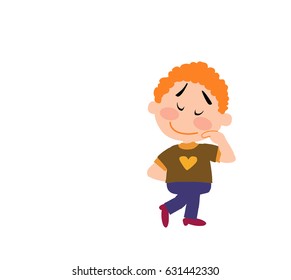 Cartoon character boy shy; isolated vector illustration.