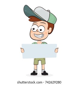 Cartoon character boy with a sign. Elements of web design for kindergarten, schools and colleges.