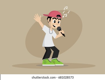 Cartoon character, Boy sings a music in a microphone., vector eps10