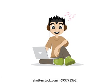 Cartoon character, The boy sit listening to music through a computer laptop., vector eps10