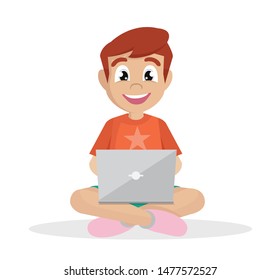 Cartoon character, Boy sitting with laptop.,vector eps10