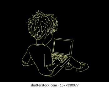 Cartoon character boy sitting on floor using laptop. Vector outline illustration.