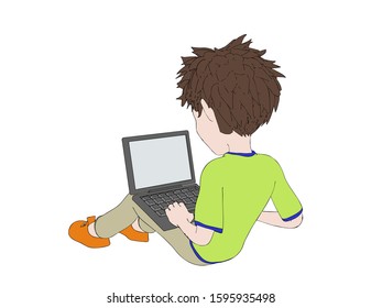 Cartoon character boy sitting on floor using laptop. Vector outline illustration. Isolated on white background.