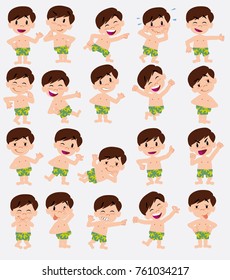Cartoon character boy in a swimsuit. Set with different postures, attitudes and poses, always in positive attitude, doing different activities in vector vector illustrations.