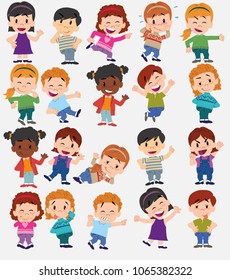 Cartoon character boys and girls. Set with different postures, attitudes and poses, always in positive attitude, doing different activities. Vector illustrations.