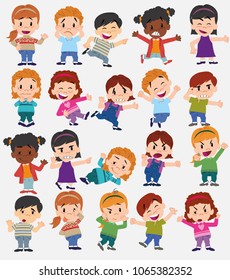 Cartoon character boys and girls. Set with different postures, attitudes and poses, doing different activities. Vector illustrations.