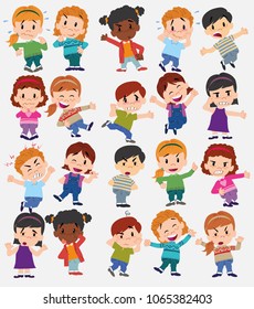 Cartoon character boys and girls. Set with different postures, attitudes and poses, doing different activities. Vector illustrations.