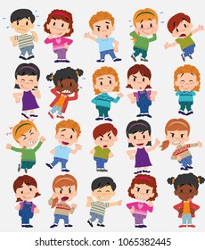 Cartoon character boys and girls. Set with different postures, attitudes and poses, doing different activities. Vector illustrations.