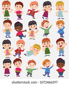 Cartoon character boys and girls. Set with different postures, attitudes and poses, always in positive attitude, doing different activities. Vector illustrations.