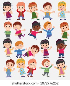 Cartoon character boys and girls. Set with different postures, attitudes and poses, doing different activities. Vector illustrations.