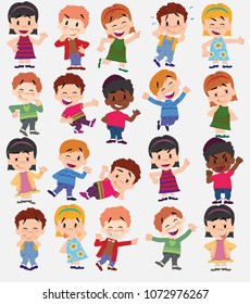 Cartoon character boys and girls. Set with different postures, attitudes and poses, always in positive attitude, doing different activities. Vector illustrations.