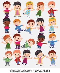 Cartoon character boys and girls. Set with different postures, attitudes and poses, doing different activities. Vector illustrations.