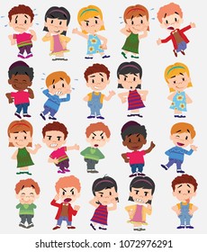 Cartoon character boys and girls. Set with different postures, attitudes and poses, doing different activities. Vector illustrations.