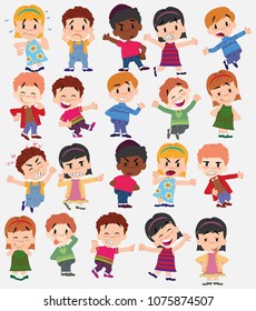 Cartoon character boys and girls. Set with different postures, attitudes and poses, doing different activities. Vector illustrations.