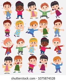 Cartoon character boys and girls. Set with different postures, attitudes and poses, always in positive attitude, doing different activities. Vector illustrations.