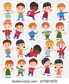 Cartoon character boys and girls. Set with different postures, attitudes and poses, doing different activities. Vector illustrations.