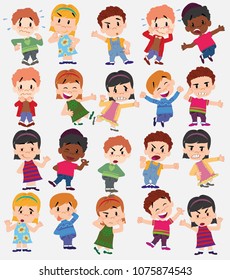 Cartoon character boys and girls. Set with different postures, attitudes and poses, doing different activities. Vector illustrations.