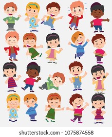 Cartoon character boys and girls. Set with different postures, attitudes and poses, always in positive attitude, doing different activities. Vector illustrations.