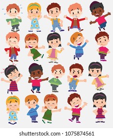 Cartoon character boys and girls. Set with different postures, attitudes and poses, doing different activities. Vector illustrations.
