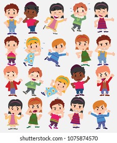 Cartoon character boys and girls. Set with different postures, attitudes and poses, doing different activities. Vector illustrations.