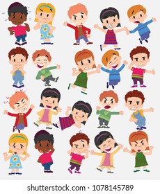 Cartoon character boys and girls. Set with different postures, attitudes and poses, doing different activities. Vector illustrations.