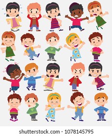 Cartoon character boys and girls. Set with different postures, attitudes and poses, doing different activities. Vector illustrations.