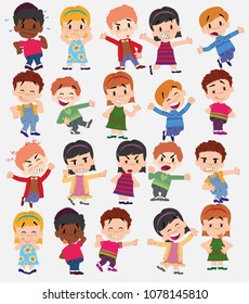 Cartoon character boys and girls. Set with different postures, attitudes and poses, doing different activities. Vector illustrations.