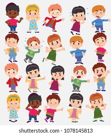 Cartoon character boys and girls. Set with different postures, attitudes and poses, doing different activities. Vector illustrations.