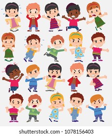 Cartoon character boys and girls. Set with different postures, attitudes and poses, always in positive attitude, doing different activities. Vector illustrations.