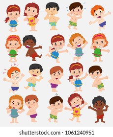 Cartoon character boys and girls in a swimsuit. Set with different postures, attitudes and poses, doing different activities. Vector illustrations.