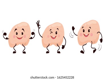 Cartoon character brain. Cute human internal organ is joyful, happy, goes in for sports, cartoon, animation. Vector illustration