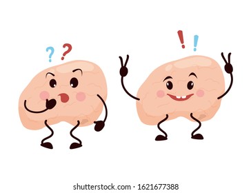 Cartoon Character Brain. Cute Man Is An Internal Organ With A Question And An Idea, Caricature, Animation. Vector Illustration