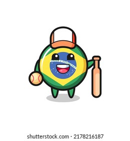 Cartoon character of brazil flag badge as a baseball player , cute style design for t shirt, sticker, logo element