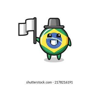 Cartoon character of brazil flag badge holding a flag , cute style design for t shirt, sticker, logo element