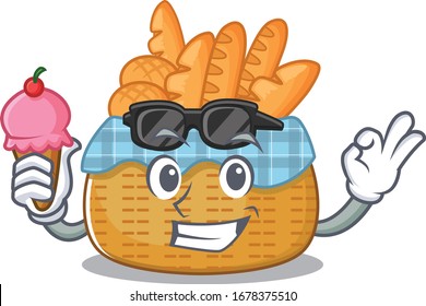 cartoon character of bread basket holding an ice cream