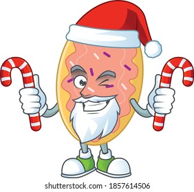 Cartoon character of bread as a Santa having candies. Vector illustration