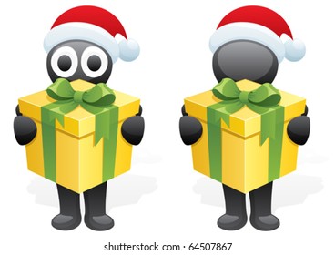 Cartoon character bringing you Christmas present, in 2 versions. 