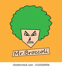 Cartoon character with broccoli head. Vector illustration for t-shirt