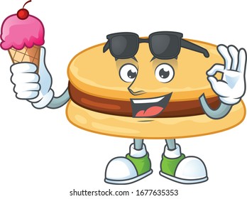 cartoon character of brown alfajor enjoying an ice cream