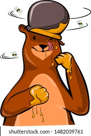 Cartoon character of brown bear eating a pot of honey, big fat friendly bear vector.