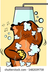 Cartoon character of brown bear taking shower, big fat friendly bear vector.